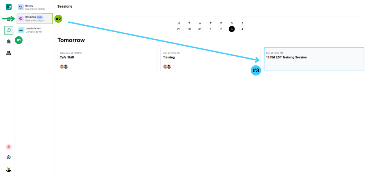 #1: Activity, #2: Sessions, #3: Selected Session